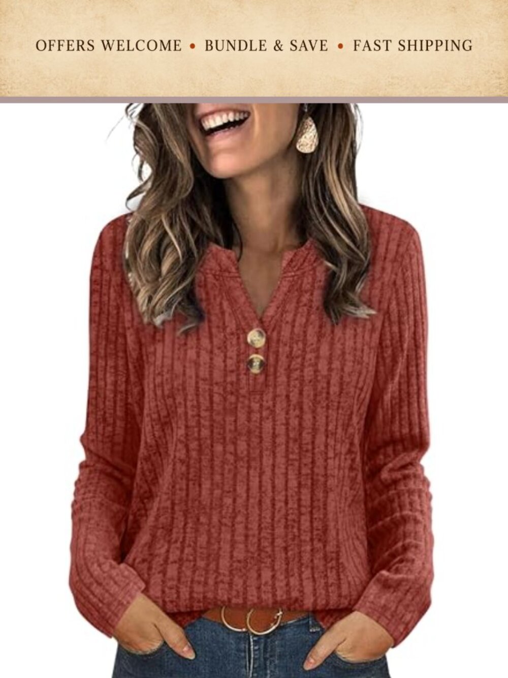 Lightweight Long Sleeve V Neck Tunic Sweater with Button